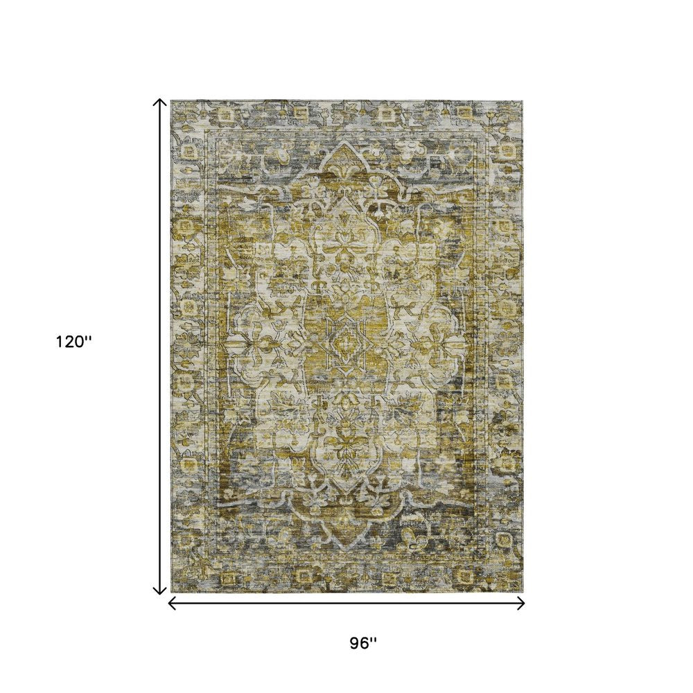 8' X 10' Pewter Gray And Gold Floral Medallion Washable Indoor Outdoor Area Rug — view 15
