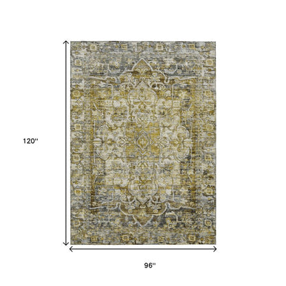 8' X 10' Pewter Gray And Gold Floral Medallion Washable Indoor Outdoor Area Rug