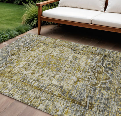 8' X 10' Pewter Gray And Gold Floral Medallion Washable Indoor Outdoor Area Rug