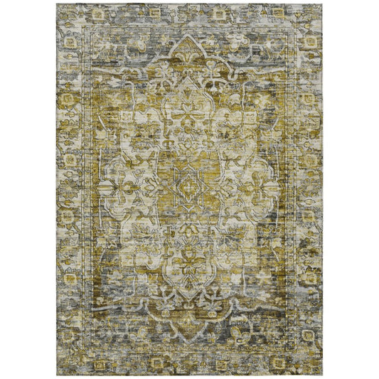 8' X 10' Pewter Gray And Gold Floral Medallion Washable Indoor Outdoor Area Rug