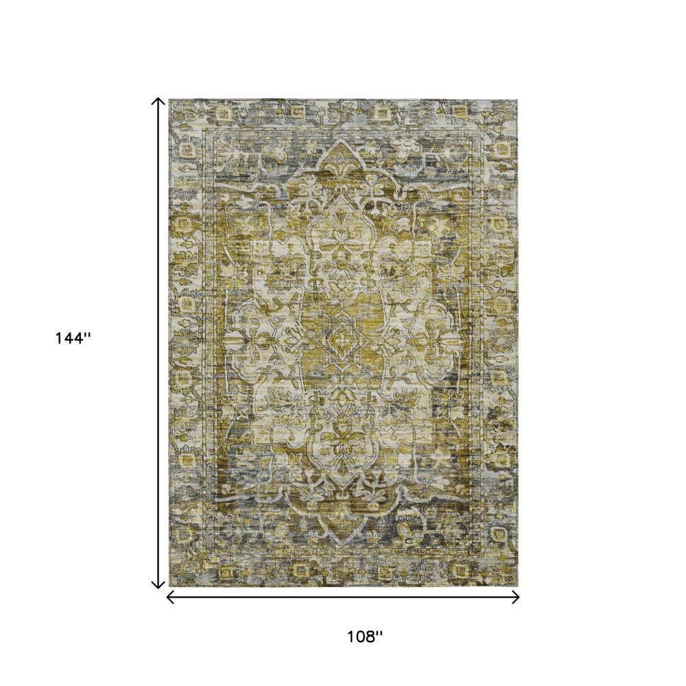 9' X 12' Pewter Gray And Gold Floral Medallion Washable Indoor Outdoor Area Rug — view 7