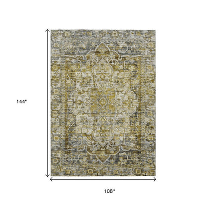 9' X 12' Pewter Gray And Gold Floral Medallion Washable Indoor Outdoor Area Rug