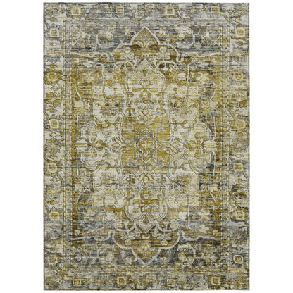 9' X 12' Pewter Gray And Gold Floral Medallion Washable Indoor Outdoor Area Rug