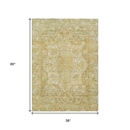 3' X 5' Tan Gold And Ivory Floral Medallion Washable Indoor Outdoor Area Rug HomeRoots