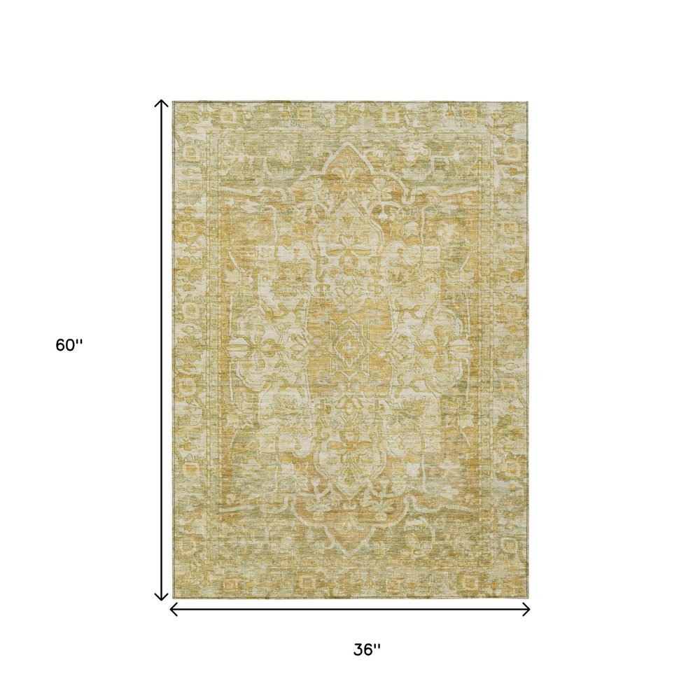 3' X 5' Tan Gold And Ivory Floral Medallion Washable Indoor Outdoor Area Rug