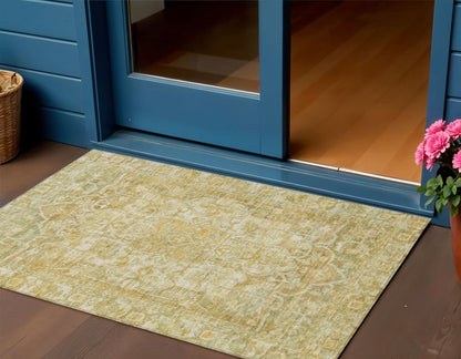 3' X 5' Tan Gold And Ivory Floral Medallion Washable Indoor Outdoor Area Rug HomeRoots