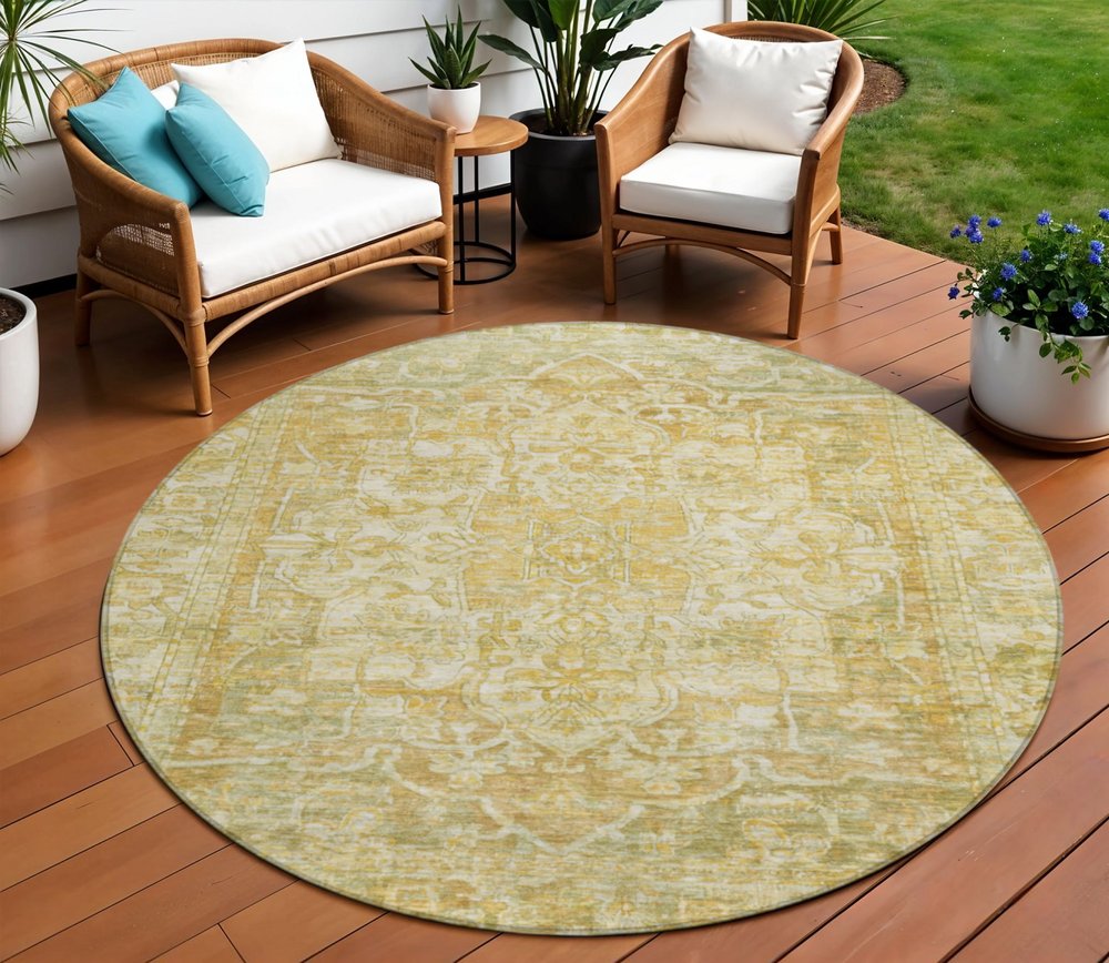 8' Tan Gold And Ivory Round Floral Medallion Washable Indoor Outdoor Area Rug
