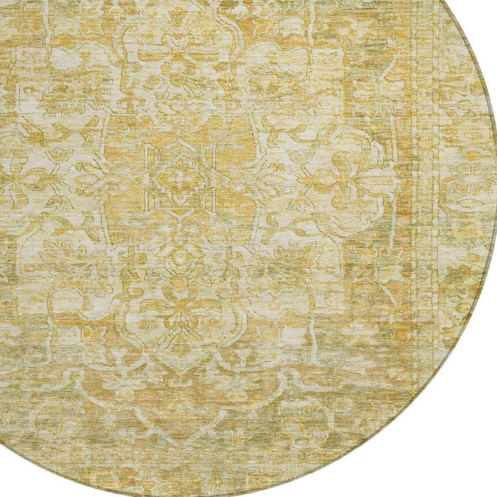 8' Tan Gold And Ivory Round Floral Medallion Washable Indoor Outdoor Area Rug — view 9