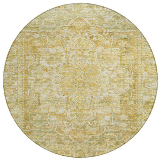 8' Tan Gold And Ivory Round Floral Medallion Washable Indoor Outdoor Area Rug