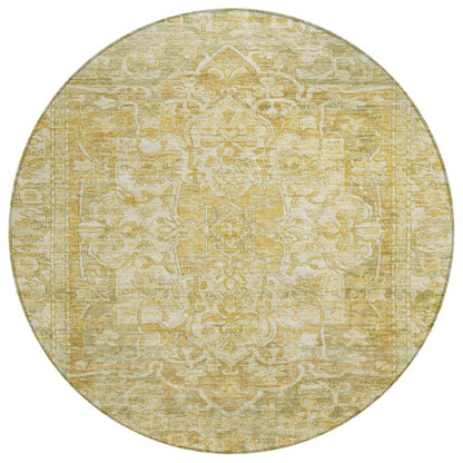 8' Tan Gold And Ivory Round Floral Medallion Washable Indoor Outdoor Area Rug
