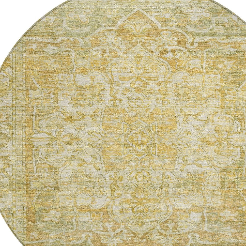 8' Tan Gold And Ivory Round Floral Medallion Washable Indoor Outdoor Area Rug