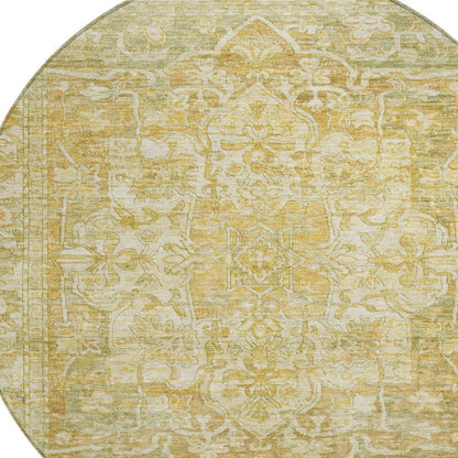 8' Tan Gold And Ivory Round Floral Medallion Washable Indoor Outdoor Area Rug