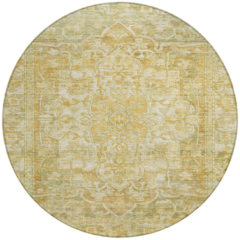 8' Tan Gold And Ivory Round Floral Medallion Washable Indoor Outdoor Area Rug