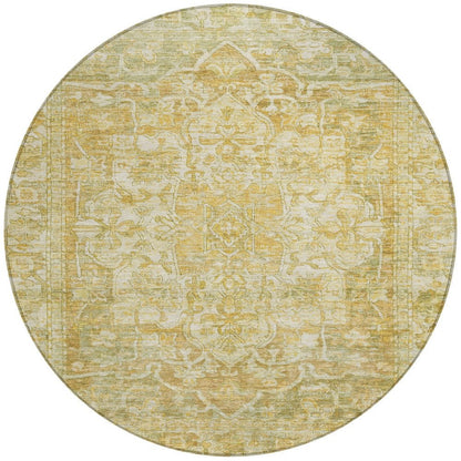 8' Tan Gold And Ivory Round Floral Medallion Washable Indoor Outdoor Area Rug