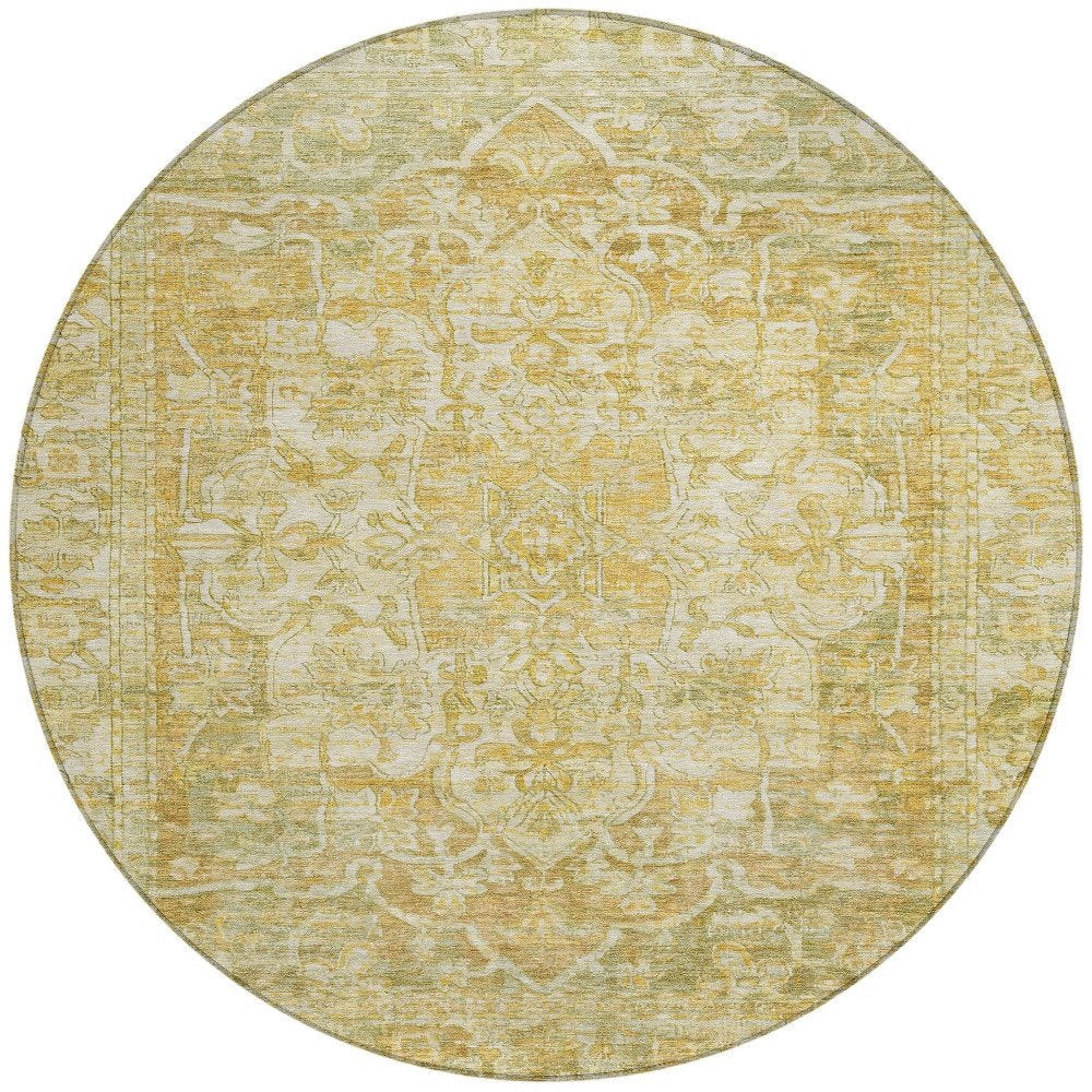8' Tan Gold And Ivory Round Floral Medallion Washable Indoor Outdoor Area Rug HomeRoots