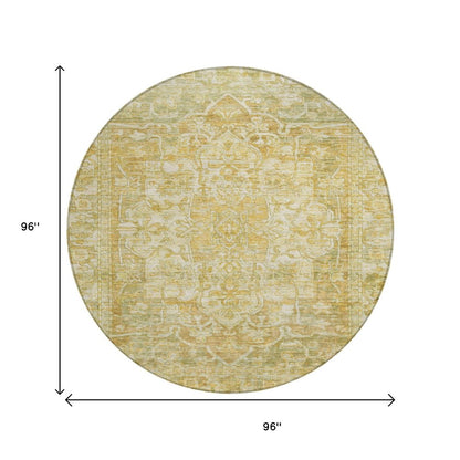 8' Tan Gold And Ivory Round Floral Medallion Washable Indoor Outdoor Area Rug