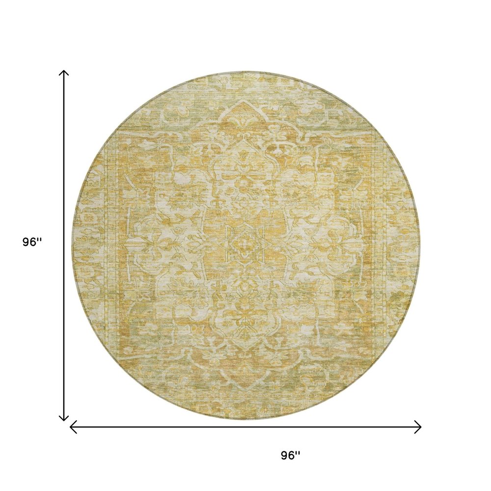 8' Tan Gold And Ivory Round Floral Medallion Washable Indoor Outdoor Area Rug — view 6