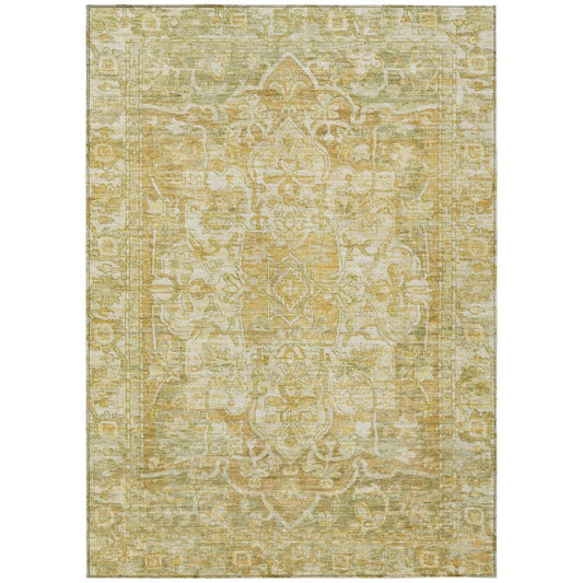 8' X 10' Tan Gold And Ivory Floral Medallion Washable Indoor Outdoor Area Rug