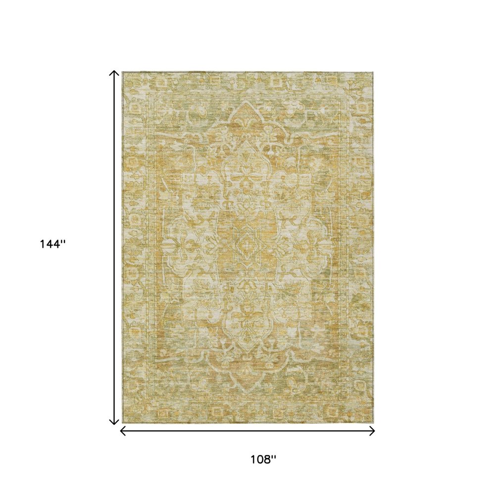 9' X 12' Tan Gold And Ivory Floral Medallion Washable Indoor Outdoor Area Rug — view 7