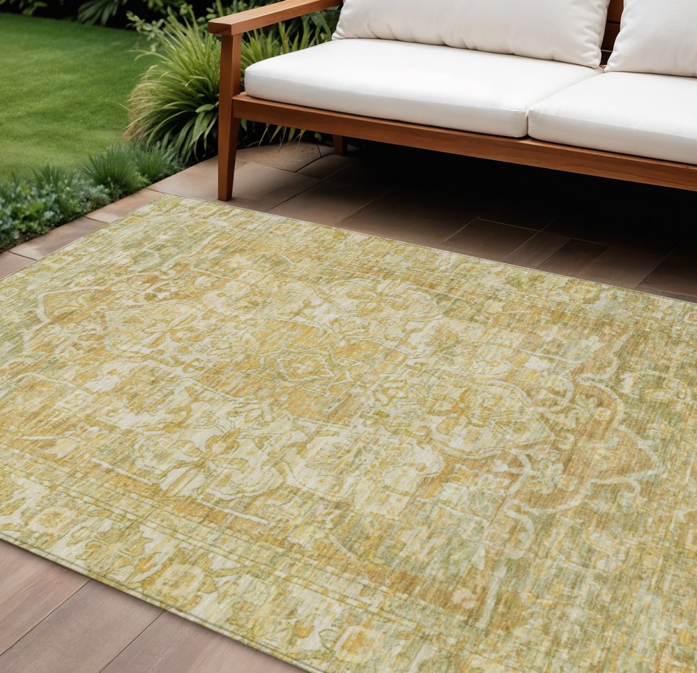 10' X 14' Tan Gold And Ivory Floral Medallion Washable Indoor Outdoor Area Rug — view 8