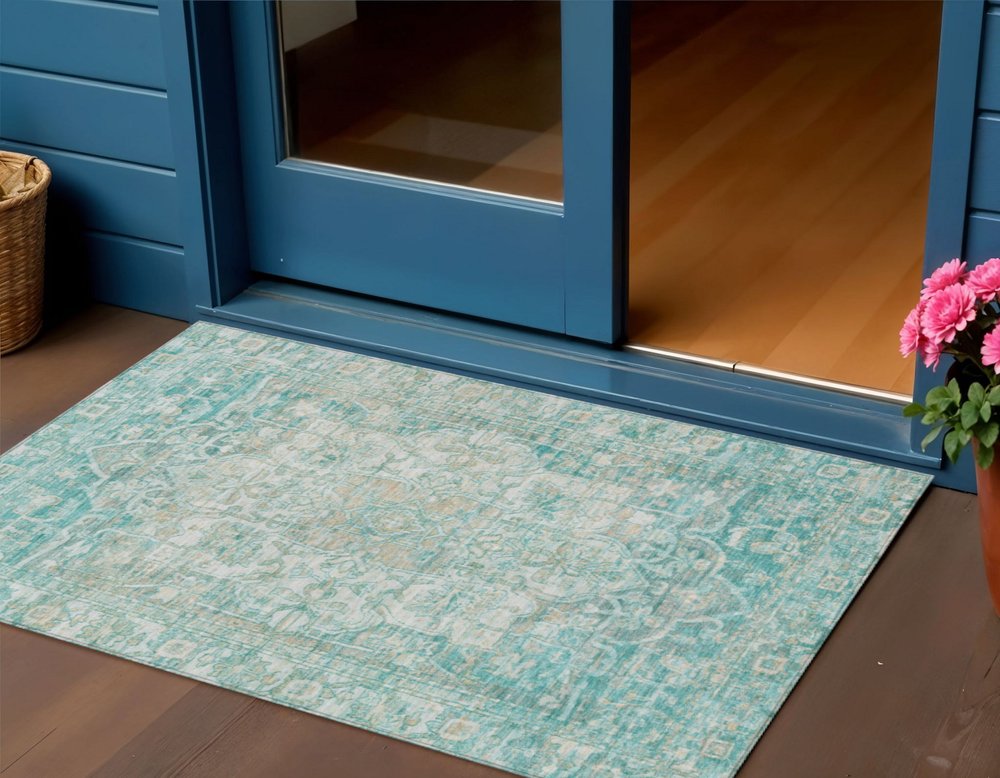 3' X 5' Teal Blue And Ivory Floral Medallion Washable Indoor Outdoor Area Rug HomeRoots
