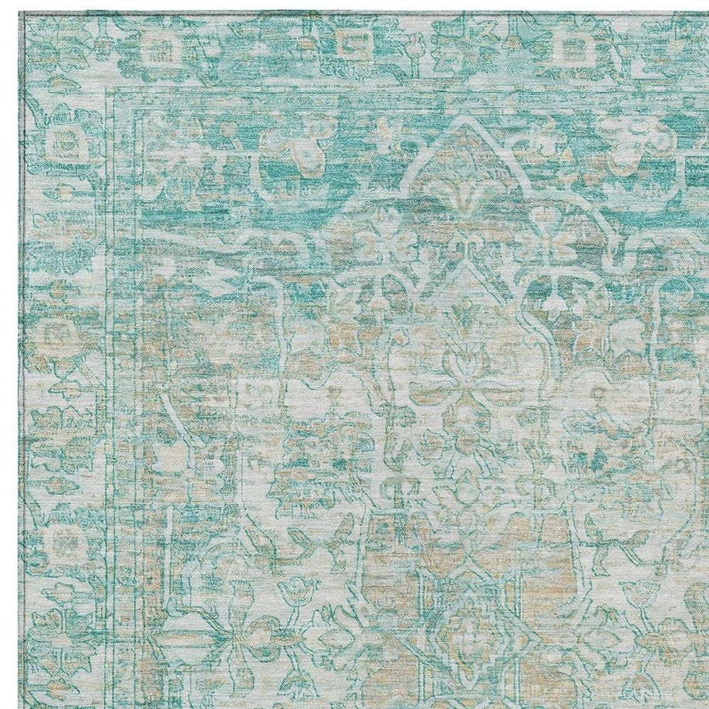 3' X 5' Teal Blue And Ivory Floral Medallion Washable Indoor Outdoor Area Rug HomeRoots