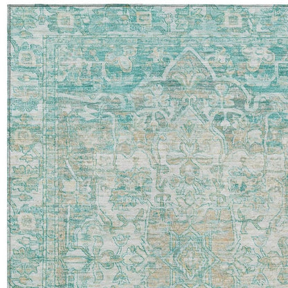 3' X 5' Teal Blue And Ivory Floral Medallion Washable Indoor Outdoor Area Rug HomeRoots