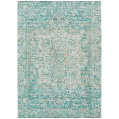3' X 5' Teal Blue And Ivory Floral Medallion Washable Indoor Outdoor Area Rug HomeRoots