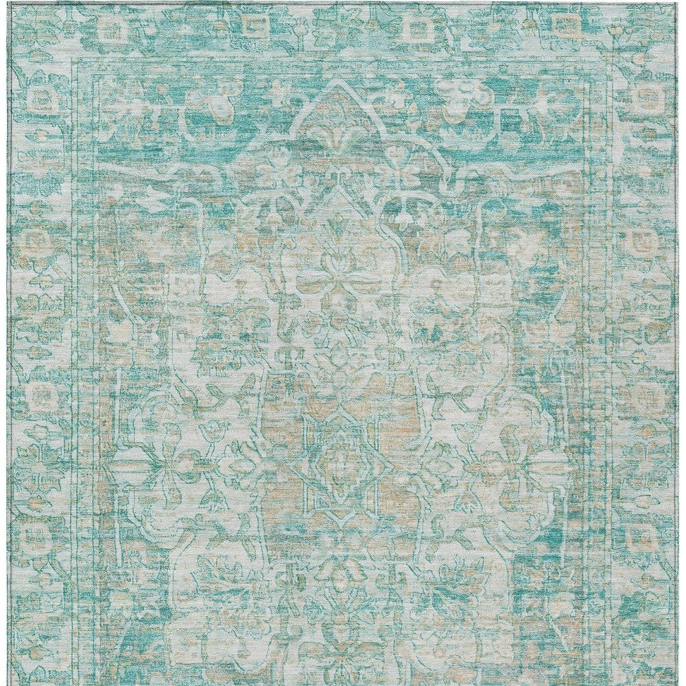 5' X 8' Teal Blue And Ivory Floral Medallion Washable Indoor Outdoor Area Rug HomeRoots