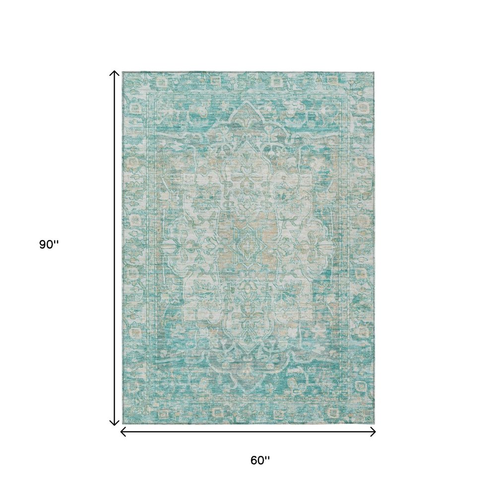 5' X 8' Teal Blue And Ivory Floral Medallion Washable Indoor Outdoor Area Rug HomeRoots