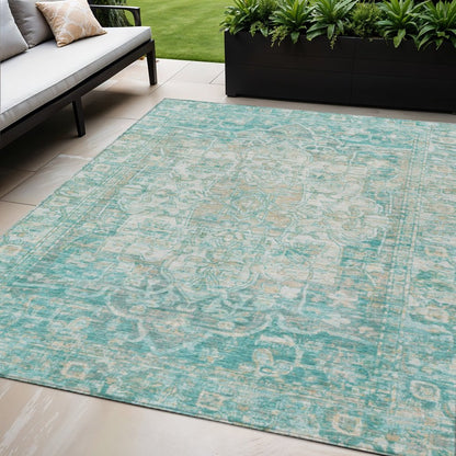 5' X 8' Teal Blue And Ivory Floral Medallion Washable Indoor Outdoor Area Rug HomeRoots