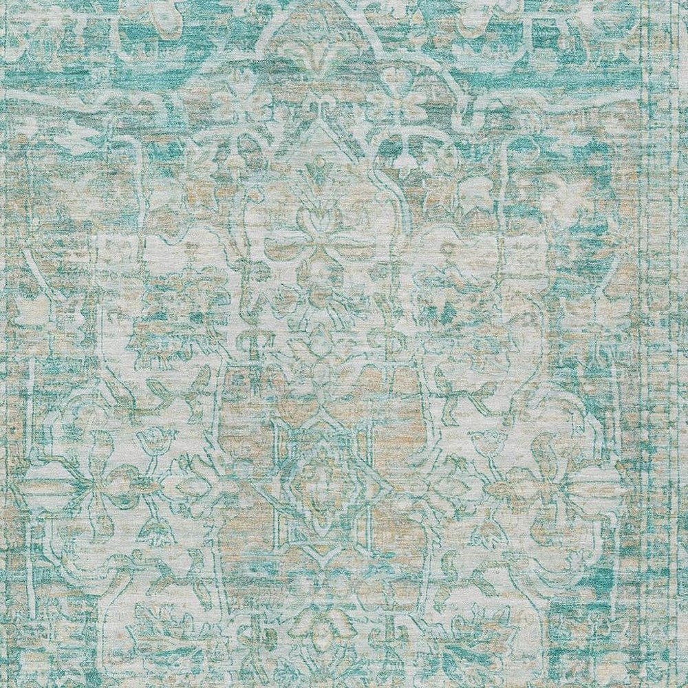 5' X 8' Teal Blue And Ivory Floral Medallion Washable Indoor Outdoor Area Rug — view 9