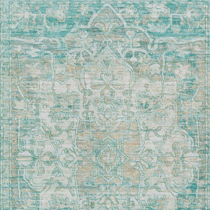 5' X 8' Teal Blue And Ivory Floral Medallion Washable Indoor Outdoor Area Rug HomeRoots