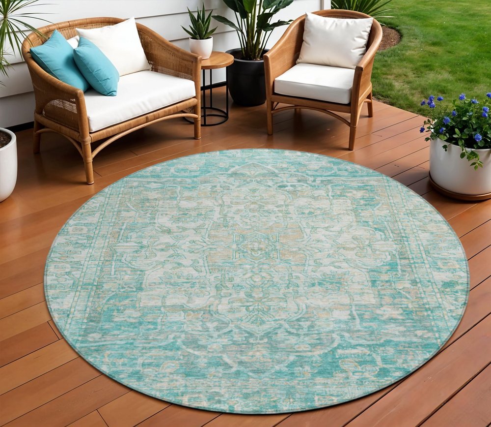8' Teal Blue And Ivory Round Floral Medallion Washable Indoor Outdoor Area Rug — view 6