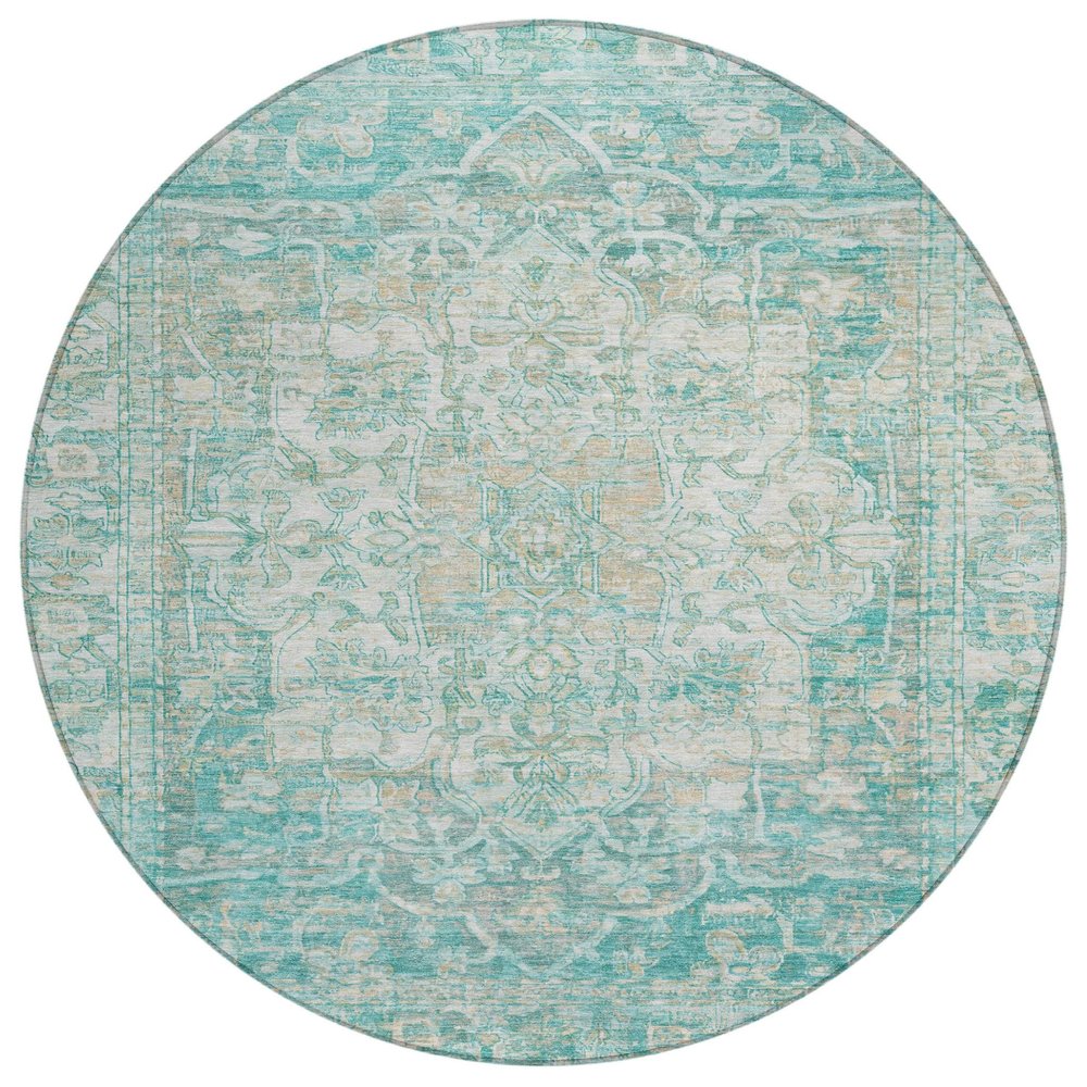 8' Teal Blue And Ivory Round Floral Medallion Washable Indoor Outdoor Area Rug HomeRoots