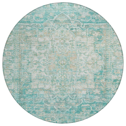 8' Teal Blue And Ivory Round Floral Medallion Washable Indoor Outdoor Area Rug HomeRoots