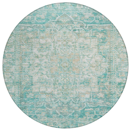 8' Teal Blue And Ivory Round Floral Medallion Washable Indoor Outdoor Area Rug