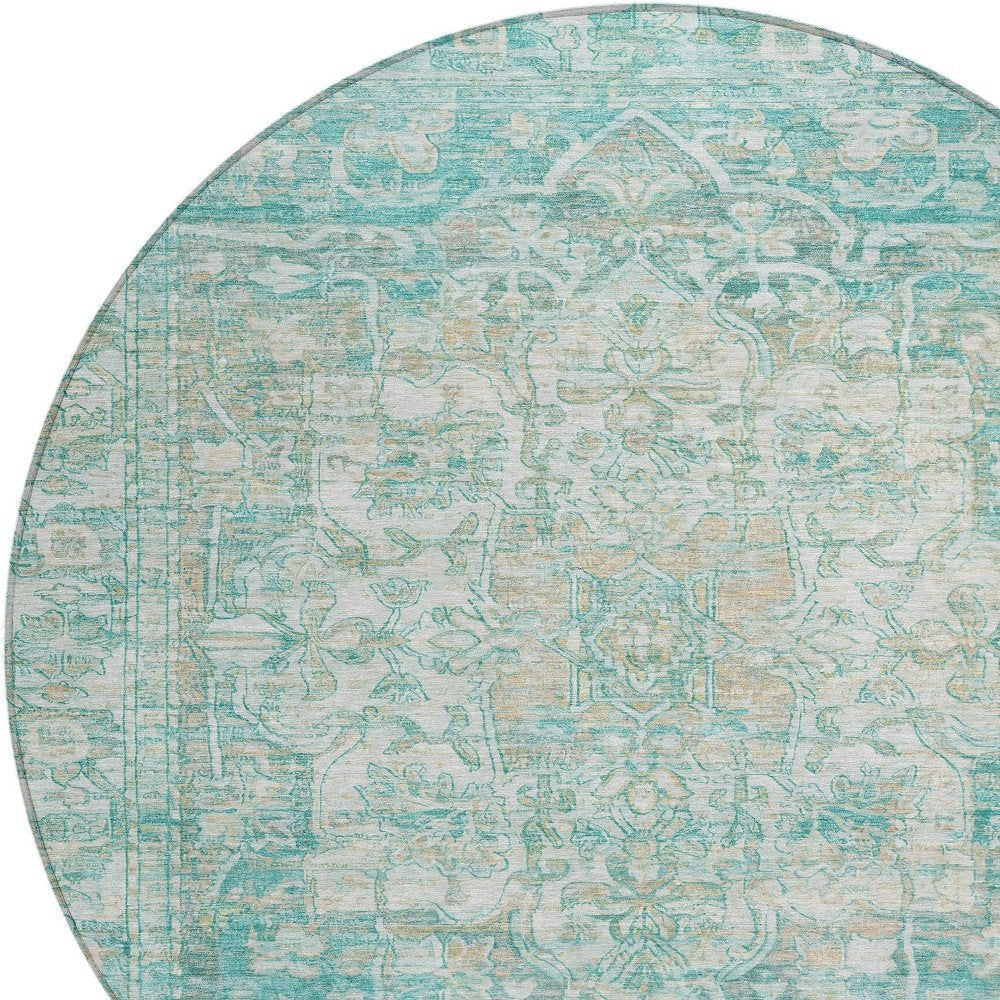 8' Teal Blue And Ivory Round Floral Medallion Washable Indoor Outdoor Area Rug — view 3