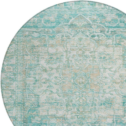8' Teal Blue And Ivory Round Floral Medallion Washable Indoor Outdoor Area Rug HomeRoots
