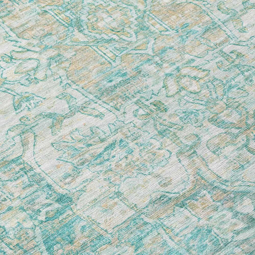 8' Teal Blue And Ivory Round Floral Medallion Washable Indoor Outdoor Area Rug — view 2