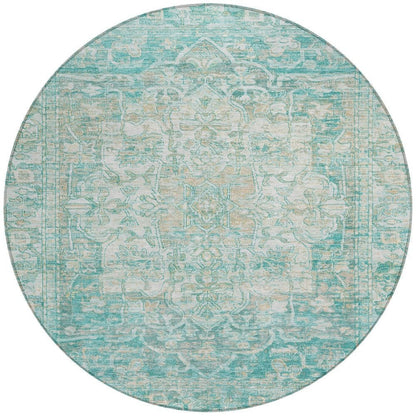 8' Teal Blue And Ivory Round Floral Medallion Washable Indoor Outdoor Area Rug HomeRoots