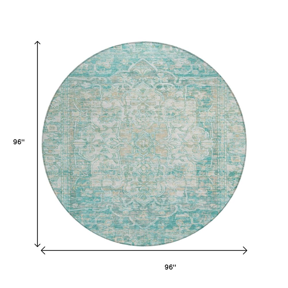 8' Teal Blue And Ivory Round Floral Medallion Washable Indoor Outdoor Area Rug HomeRoots