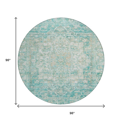 8' Teal Blue And Ivory Round Floral Medallion Washable Indoor Outdoor Area Rug HomeRoots