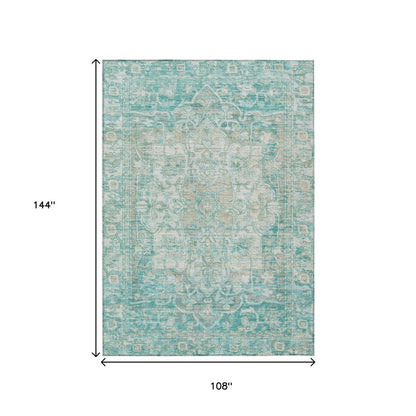 9' X 12' Teal Blue And Ivory Floral Medallion Washable Indoor Outdoor Area Rug HomeRoots