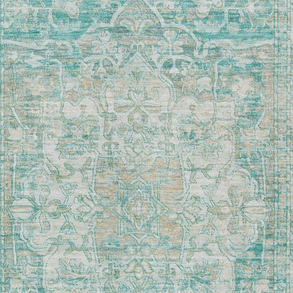 9' X 12' Teal Blue And Ivory Floral Medallion Washable Indoor Outdoor Area Rug HomeRoots