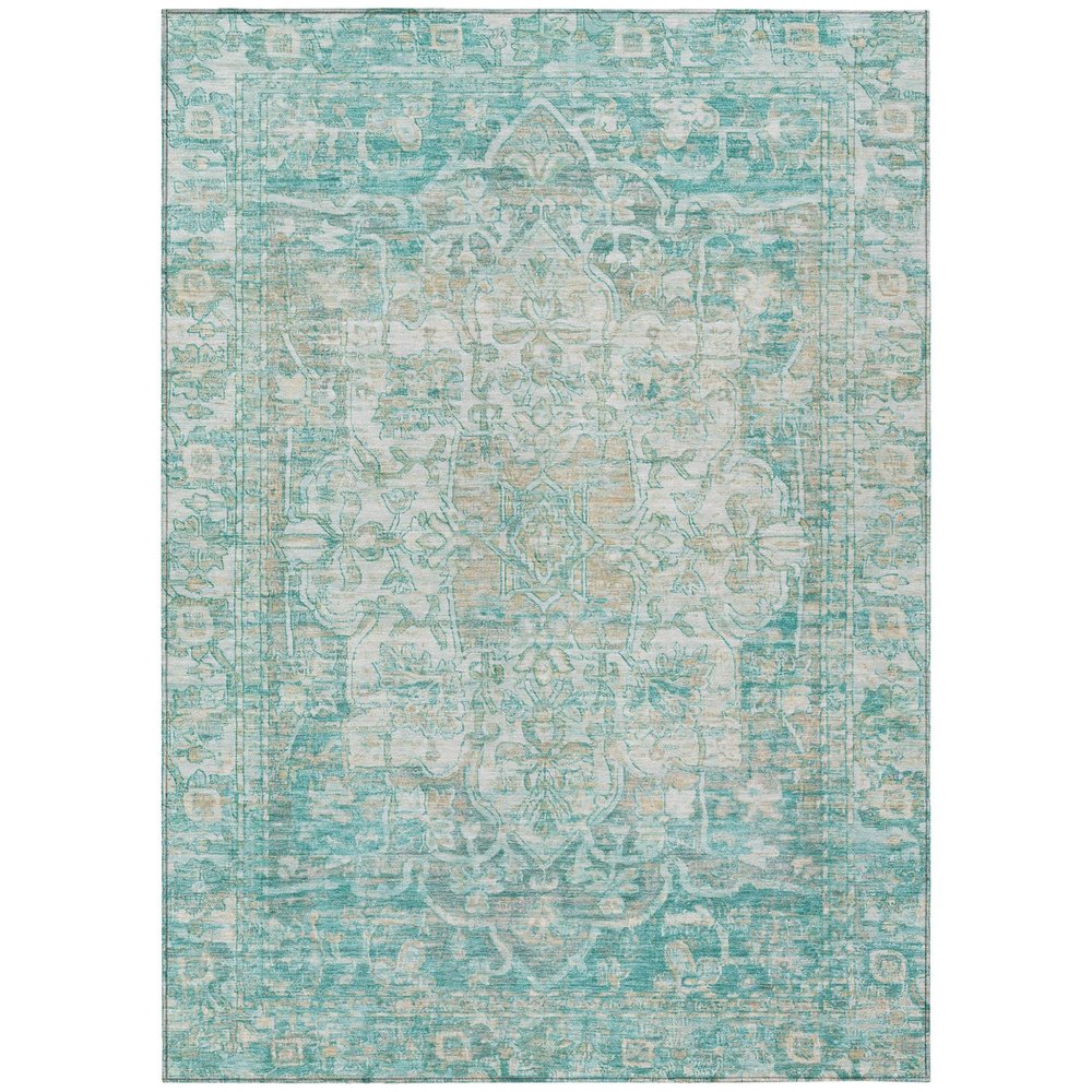 9' X 12' Teal Blue And Ivory Floral Medallion Washable Indoor Outdoor Area Rug HomeRoots