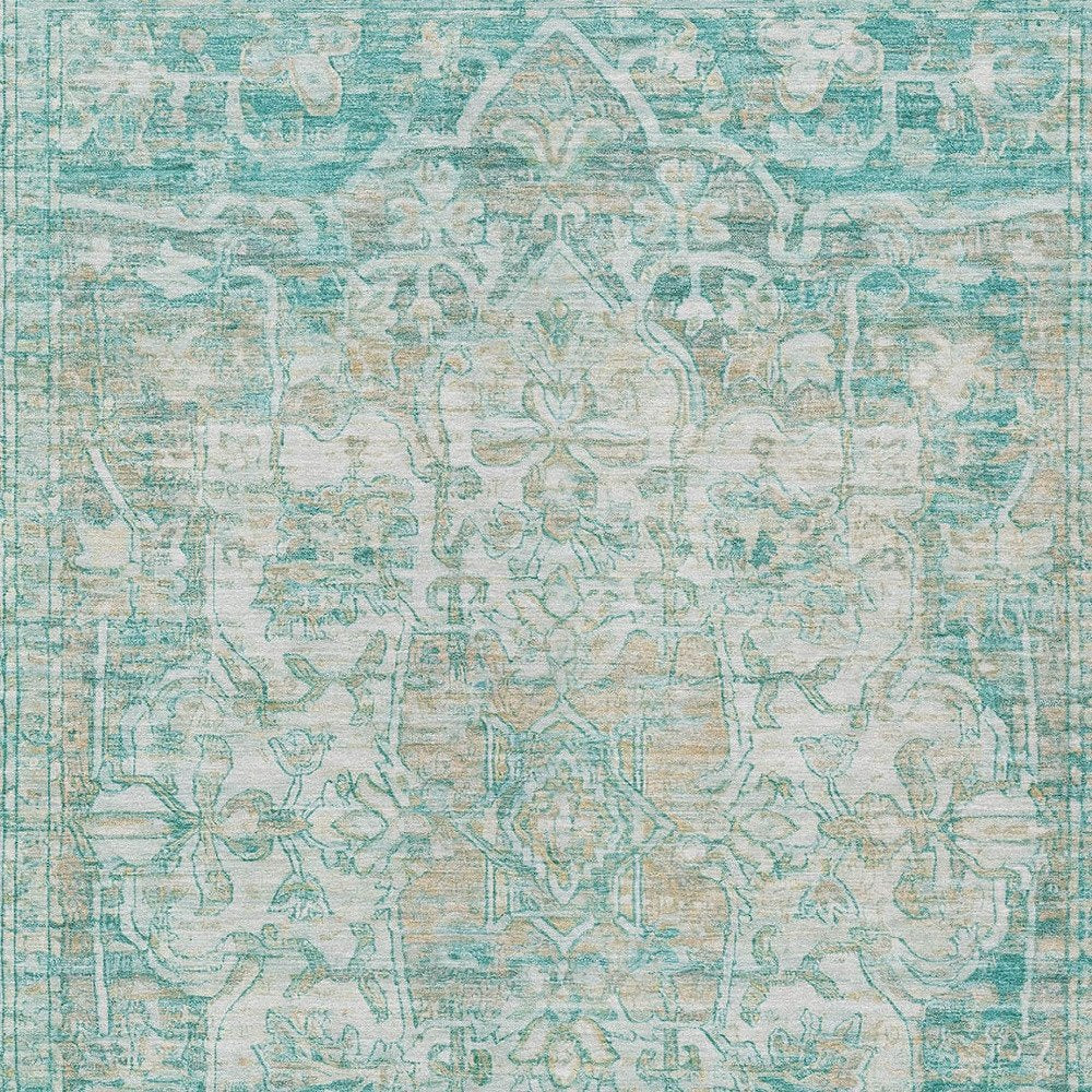 9' X 12' Teal Blue And Ivory Floral Medallion Washable Indoor Outdoor Area Rug HomeRoots