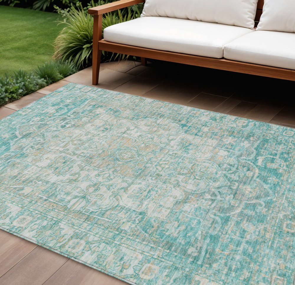 10' X 14' Teal Blue And Ivory Floral Medallion Washable Indoor Outdoor Area Rug — view 6
