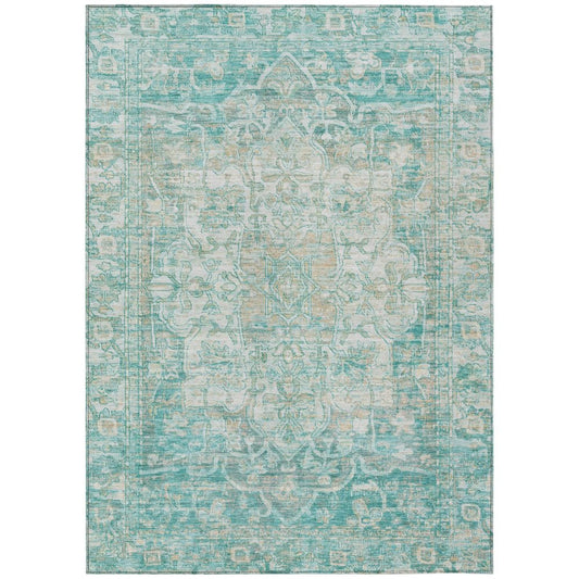 10' X 14' Teal Blue And Ivory Floral Medallion Washable Indoor Outdoor Area Rug
