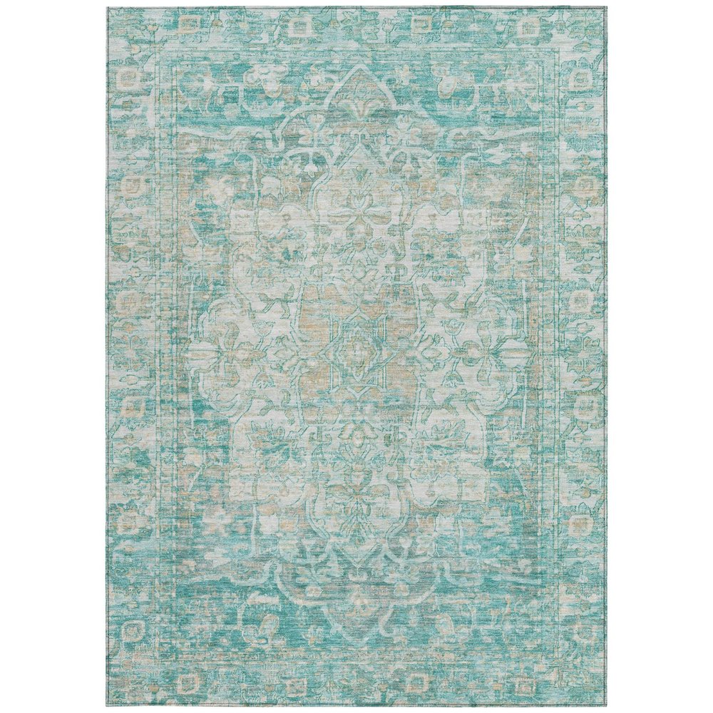 10' X 14' Teal Blue And Ivory Floral Medallion Washable Indoor Outdoor Area Rug — view 4